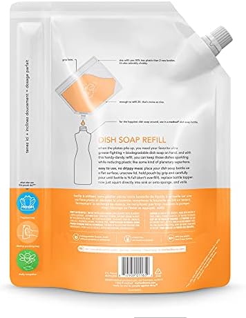Method Liquid Dish Soap Refill Cuts Through Tough Grease, Clementine Scent, 1.06L Bags 2 Pack