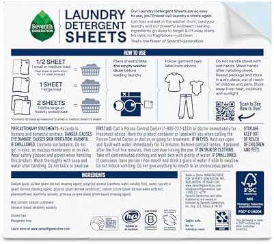Seventh Generation Laundry Detergent Sheets 32ct Free & Clear - Removes Tough Stains Safer for Family